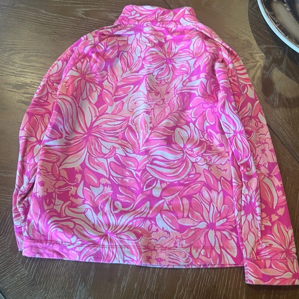 • Pink quarter zip pullover jacket with pink floral and cat print. - Picture 2 of 4